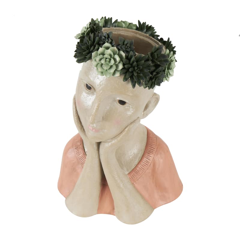 Resin Woman Bust Indoor Outdoor Planter with Succulent or Flower Crown and Orange or Blue Top - Beige - Roche River Decor