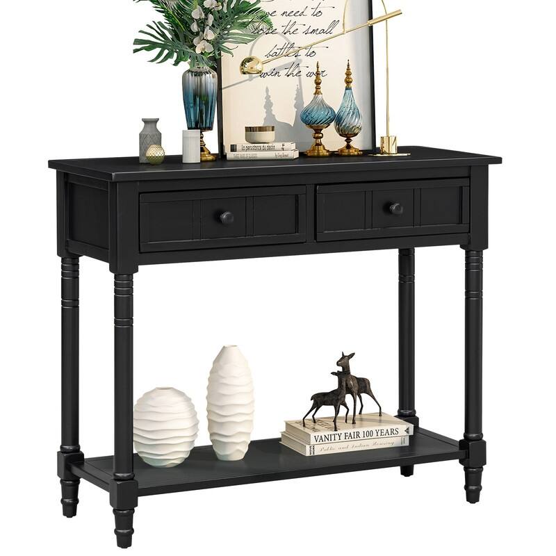 Narrow Console Table, Traditional Pine Wood Design with 2 Drawers and Bottom Shelf for Living Spaces