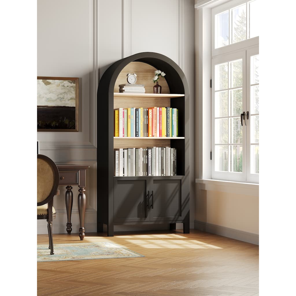 66.7" Arched Bookcase with Storage, Mid-Century Modern 4-Tier Curved Cabinet with Door, Arched Bookshelf with Open Display Shelf
