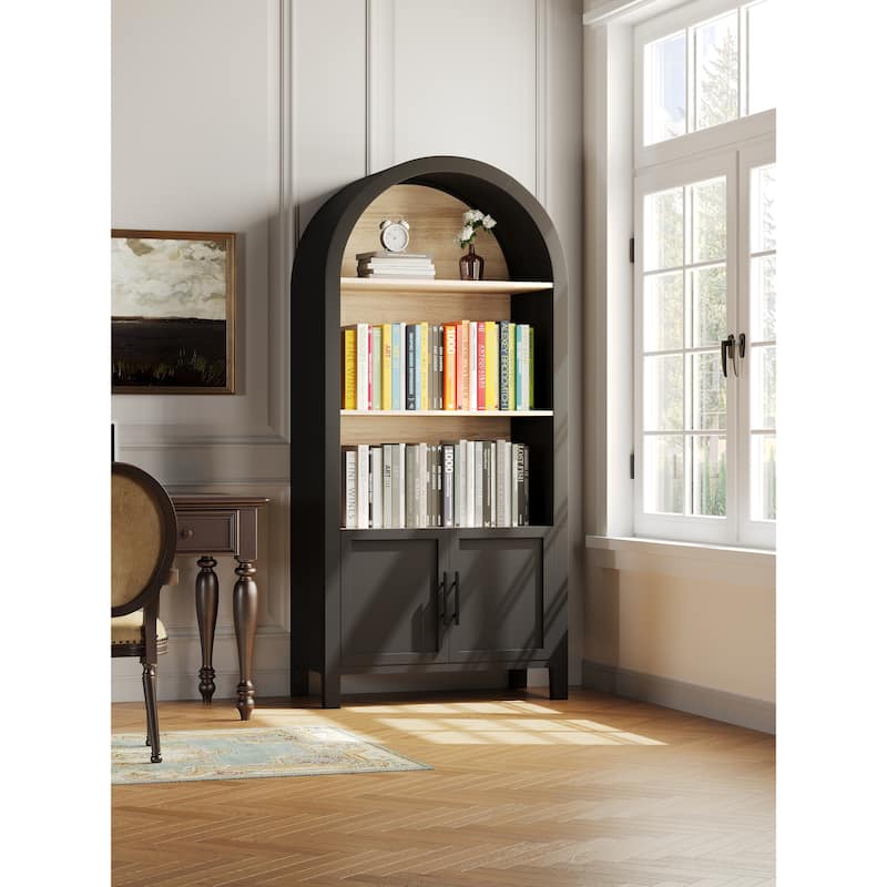66.70 inch Tall Arched Bookcase with Storage, Mid-Century Modern 3-Tier Arched Cabinet with Door