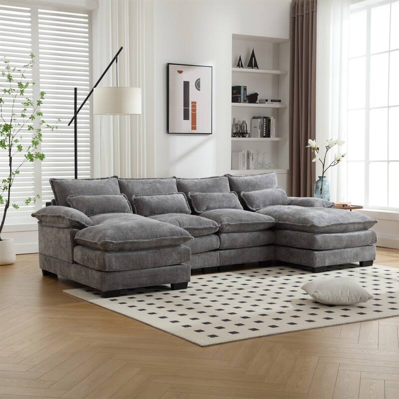 Sectional Sofa Cloud Couch for Living Room, Modern Chenille/Boucle U Shaped Couch, Comfy Modular Sofa Sleeper with Double Chaise