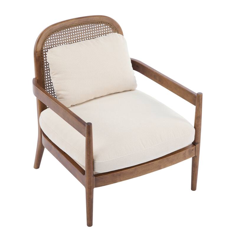 Roomfitters Mid-Century Accent Chair with Walnut Wood Frame & Rattan Back, Striped Cushion, Set of 2