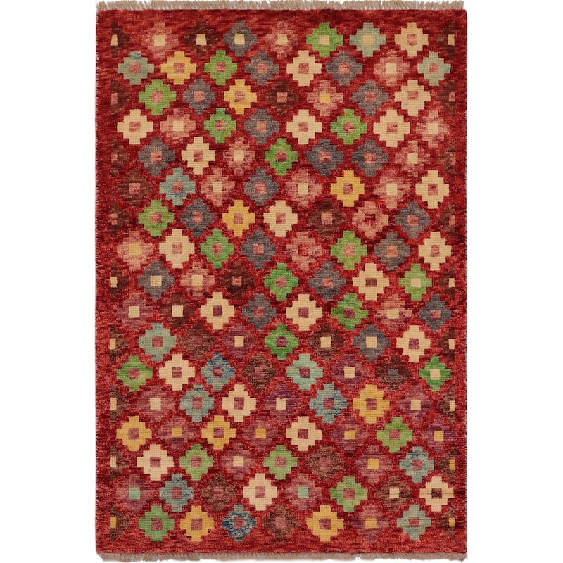 Contemporary Balochi Wise Red/Blue Hand Knotted Wool Rug - 3'3'' x 4'10''