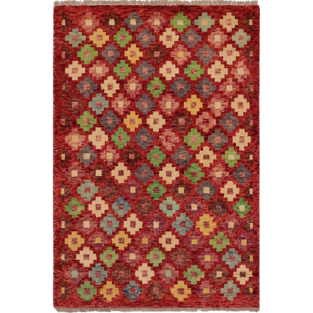 Contemporary Balochi Wise Red/Blue Hand Knotted Wool Rug - 3'3'' x 4'10''