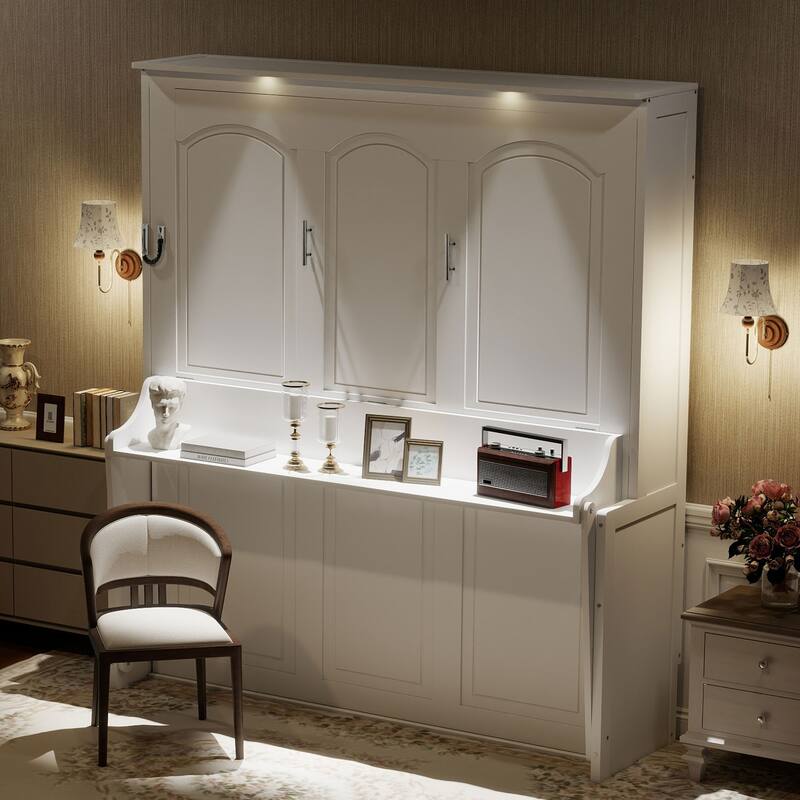 Roomfitters Queen Size Murphy Bed with Folding Desk and USB Charging Ports, Space-Saving Wall Bed with LED Lights