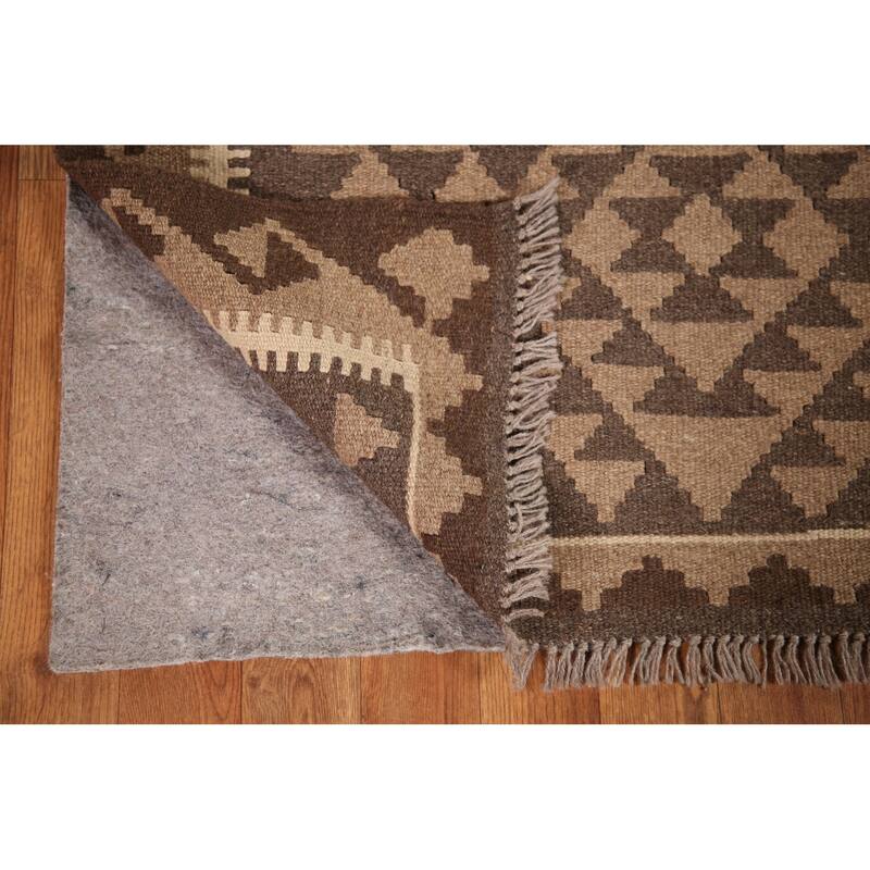 Flat-weave Kilim Area Rug Reversible Brown Wool Carpet - 3'2" x 4'10"