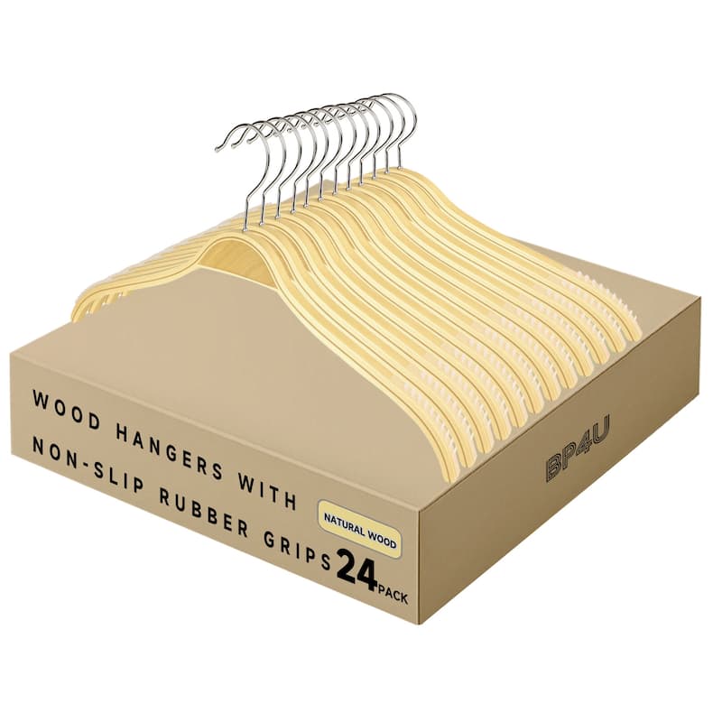 BP4U Wooden Clothes Hangers, Lightweight Slim Birch Wood Shirt Top Hangers for Dress, Sweaters, Jackets, and Camisoles - 24-Pack - Natural Wood
