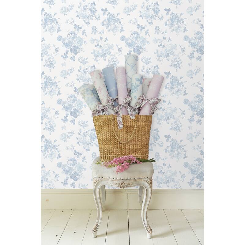 LoveShackFancy Everblooming Rosettes Blue Bella Ribbon Peel and Stick Wallpaper