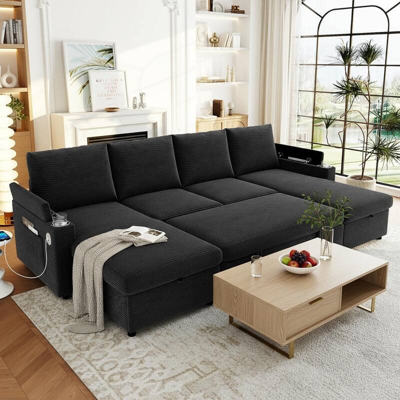 Ultimate U-Shaped Convertible Sofa Bed with Storage Chaise, Cup Holders & USB Ports by Harper&Bright Designs - Black