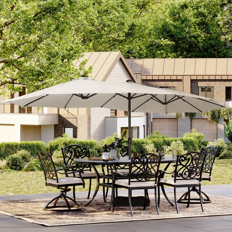 15 Ft Outdoor Solar Detachable Lights Rectangular Crank Market Umbrella with Base