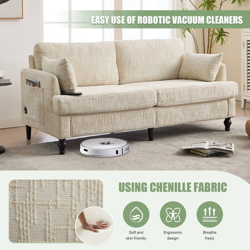 Modern Style Chenille 2-Seater Wood-Legged Sofa With Led Light, Usb Charging Port And Storage Bag Living Room Bedroom Study Room