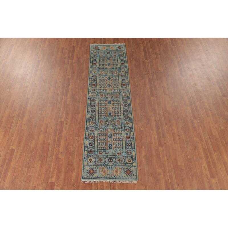 All-Over Blue Khotan Oriental Runner Rug Wool Carpet - 2'7"x 9'11"
