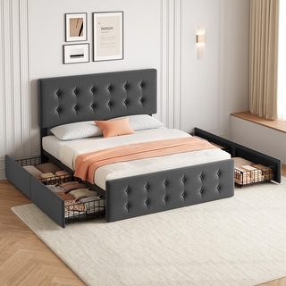 まりも様★専用ページ Full Bed Frame with Headboard and 4 Storage Drawers