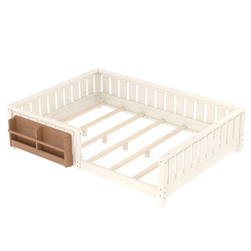 Montessori Floor Bed Low Profile Kids Bed with Rails & Bookshelf