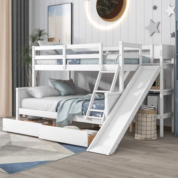 slide 2 of 9, White Twin over Full Bunk Bed with 2 Drawers, Slide, Shelves White