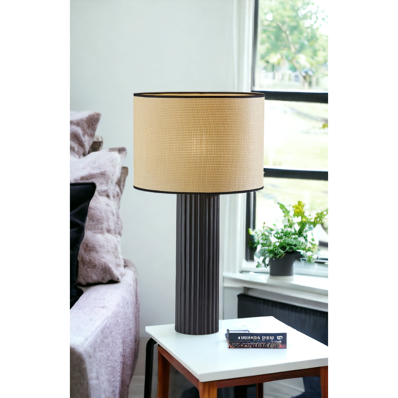 HomeRoots 29 Black Ceramic Cylinder Table Lamp With Beige Drum Shade 15.5
