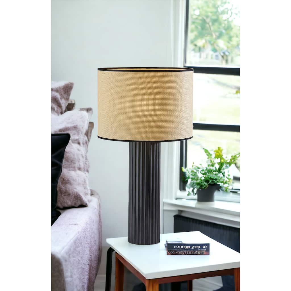 HomeRoots 29" Black Ceramic Cylinder Table Lamp With Beige Drum Shade - 15.5