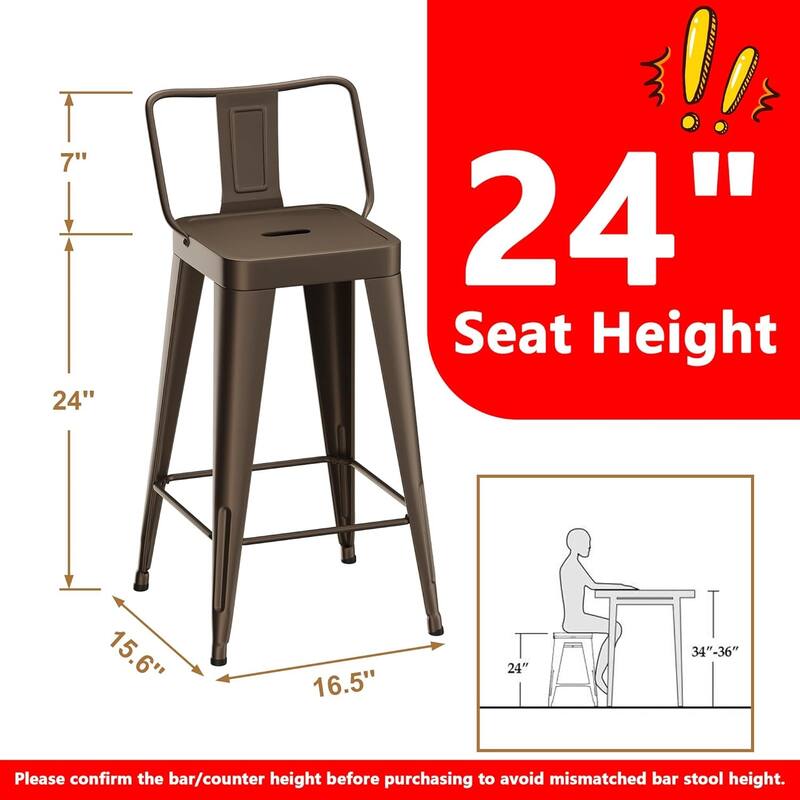 Metal Counter Stools Set of 4 Counter Height Bar Stools 24" Height Barstools with Metal Frame and Low Back