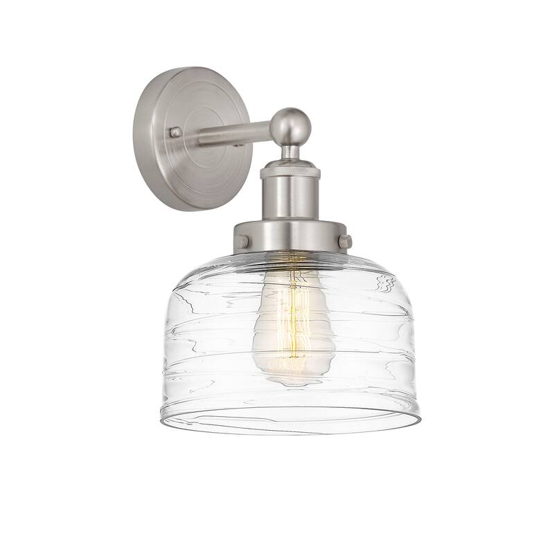 Innovations Lighting 616-1W-10-7-L Bell Sconce Bell 10" Tall Wall - Brushed Satin Nickel / Clear Deco Swirl