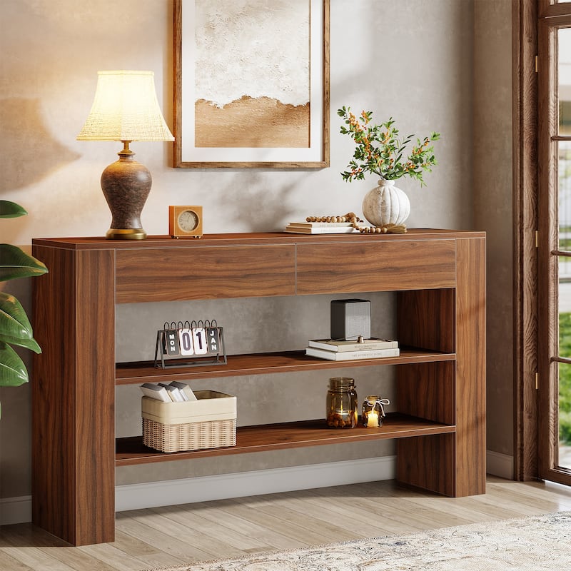 53.15-Inch 3-Tier Console Table with 2 Drawer - Walnut