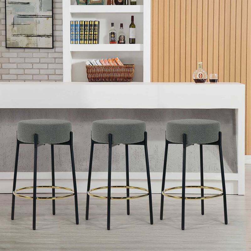 Set of 2 Avner Gray Boucle Backless Counter Stool with Black Metal Legs