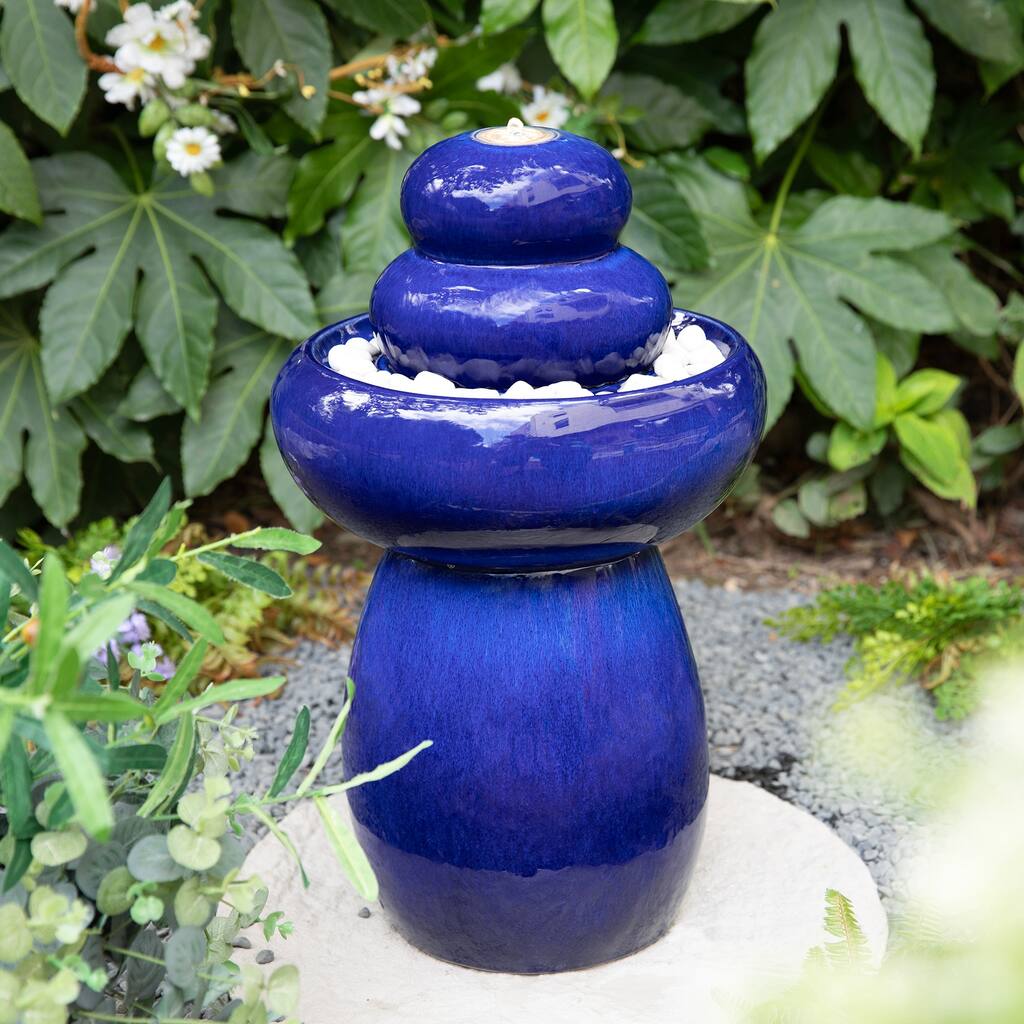 Glitzhome 22"H Zen-Style Cobalt Blue Pebbles Outdoor Ceramic Fountain with Pump and LED Light