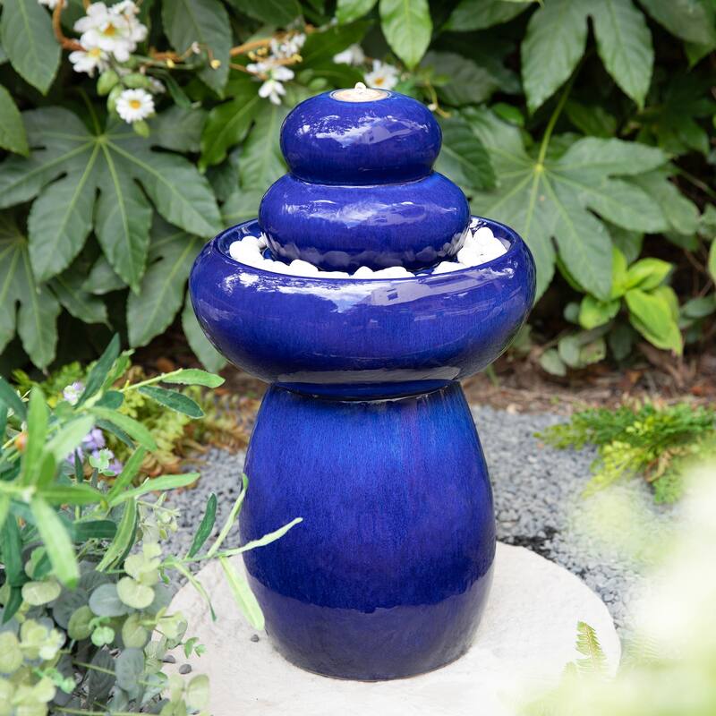 Glitzhome 22"H Zen-Style Cobalt Blue Pebbles Outdoor Ceramic Fountain with Pump and LED Light