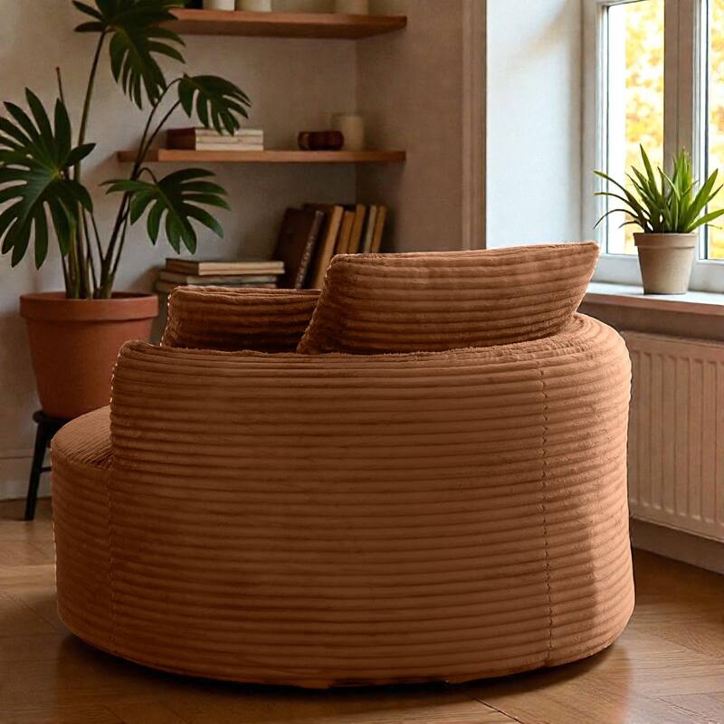 Round Accent Chair, Corduroy Boneless Deep Seat Floor Lounge Chair with 3 Pillows, No Assembly