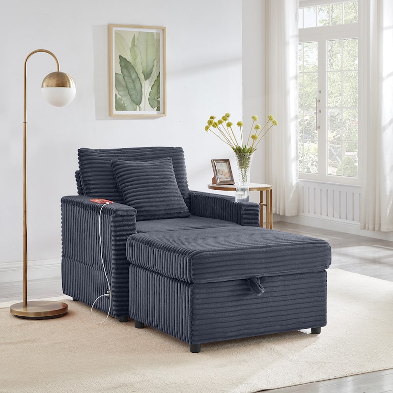 Fluffy Corduroy Lazy Sofa Chaise Lounge with Accent Chair, Storage Ottoman, Folding Table Board, Cup Holder and USB