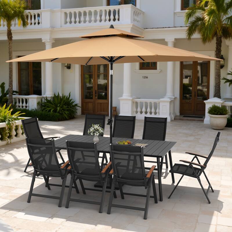 11PC Outdoor Patio Dining Set Wood-Like Aluminum Umbrella Hole Table with Folding Chairs,Double Top Market Umbrella and Base - GreyTable&BlackChairs&TanUmbrella