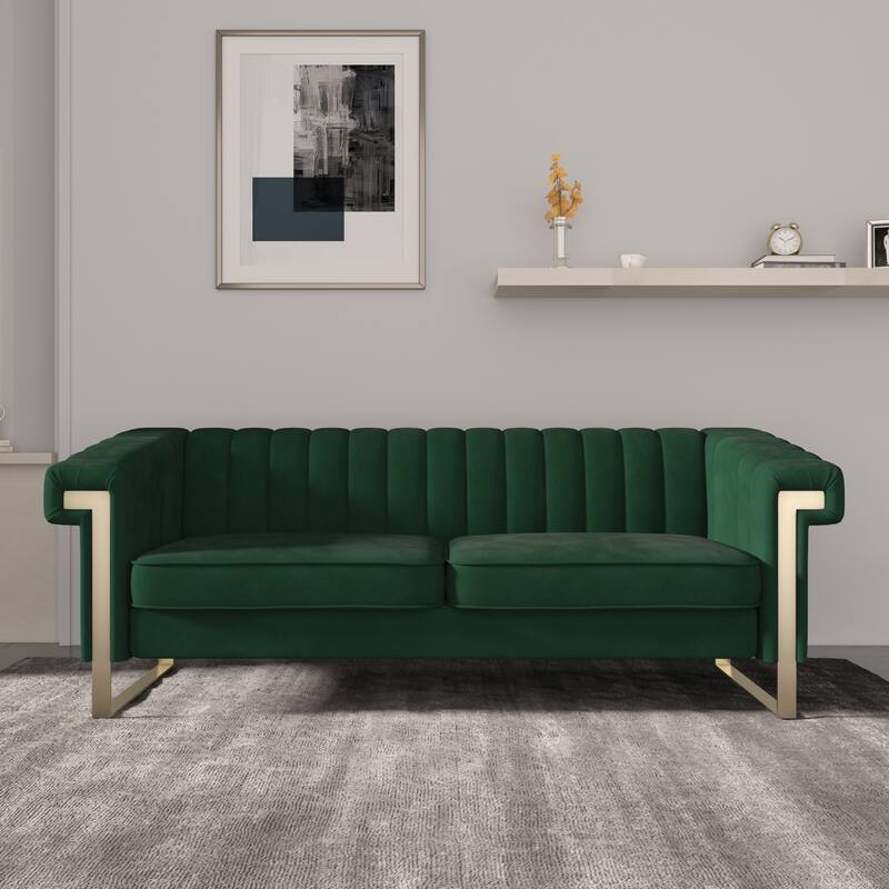 Takefuns Traditional Chesterfield Tufted Velvet Sofa, Couch with Removable Cushions and Gold Legs - Green