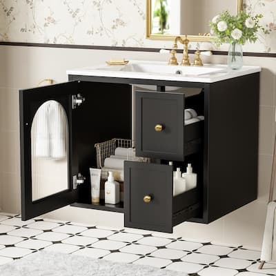 Wall Mounted 24" Bathroom Vanity Set with Ceramic Sink, Small Storage Bathroom Cabinet with 2 Drawers