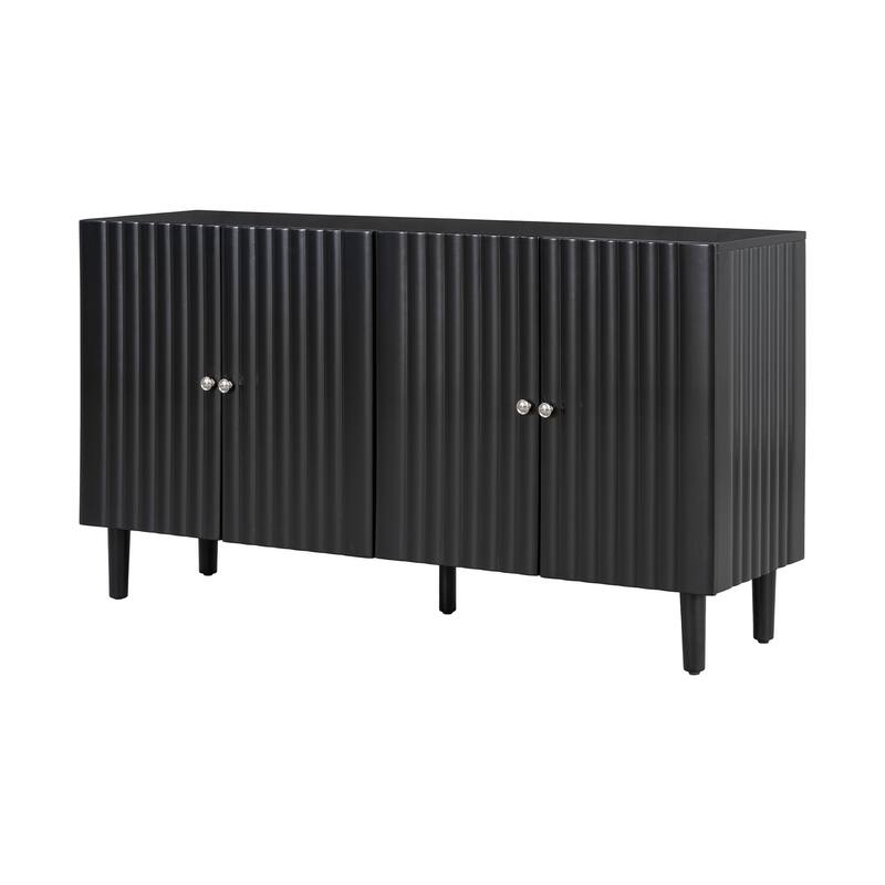 Elegant Four-Door Sideboard with Wavy Pattern Doors, Cylindrical Legs, and Sleek Metal Handles