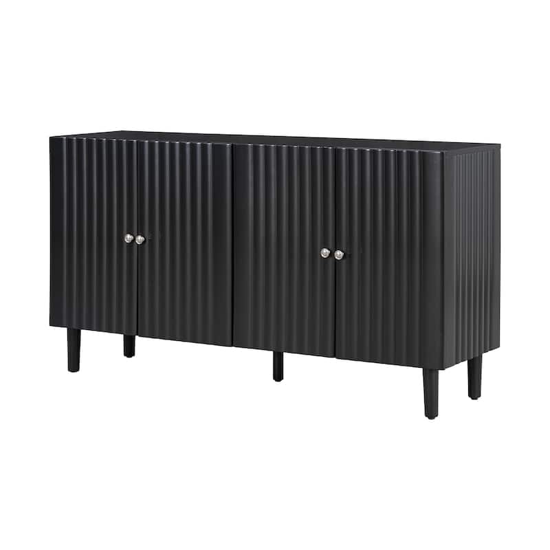 Rubber Wood 4 Door Sideboard with Wavy Pattern Doors and Cylindrical Legs, Storage Cabinet with Metal Door Handle