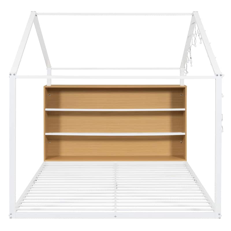 Full Size Metal Bed House Bed Frame with Shelves and Lights, White