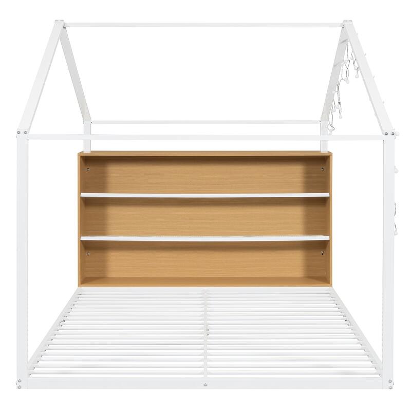 White Full Size Metal Wood House Bed Frame with Shelves and Lights for Kids
