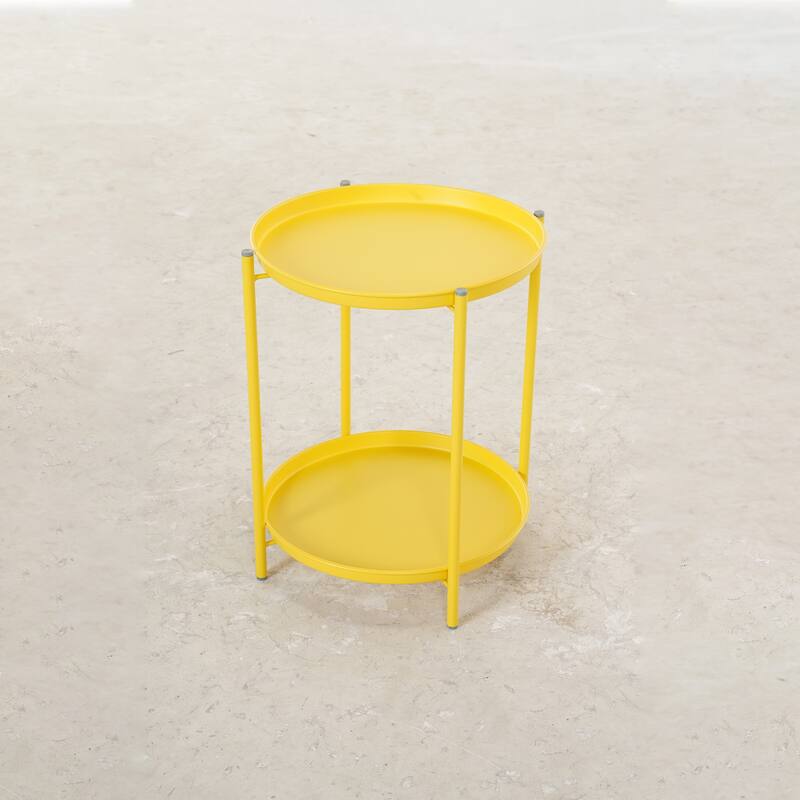 Clihome 2-Tier Metal Patio Side Table, Weather Resistant Outdoor Round End Table - Yellow