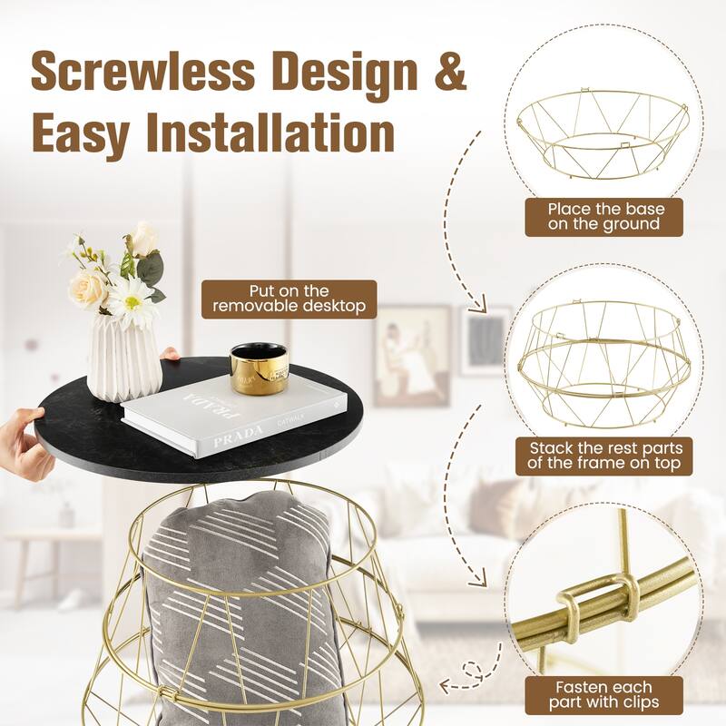 Modern Round Coffee Table with Gold Metal Frame and Storage - 16" x 16" x 15"