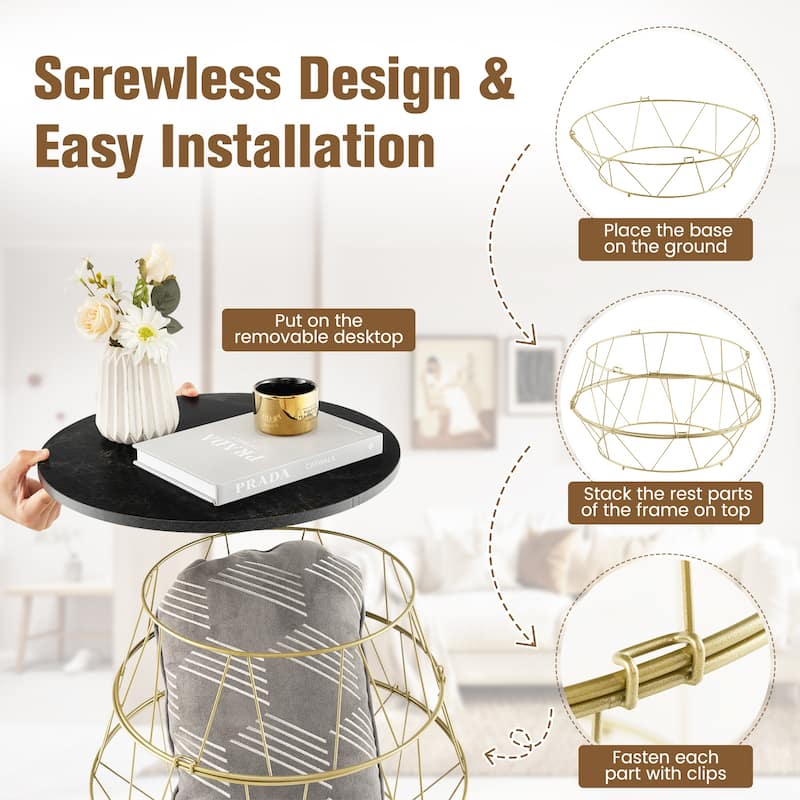 Modern Round Coffee Table with Gold Metal Frame and Storage - 16" x 16" x 15"