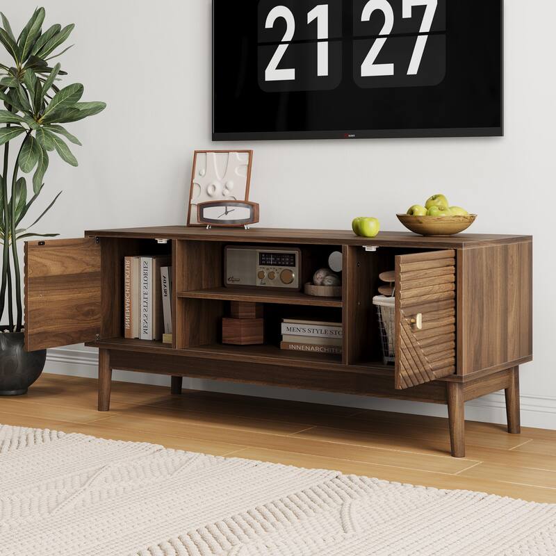 43" Entertainment Stand for 32-45 Inch TVs, Storage Cabinet with Cable Hole & Solid Wood Legs