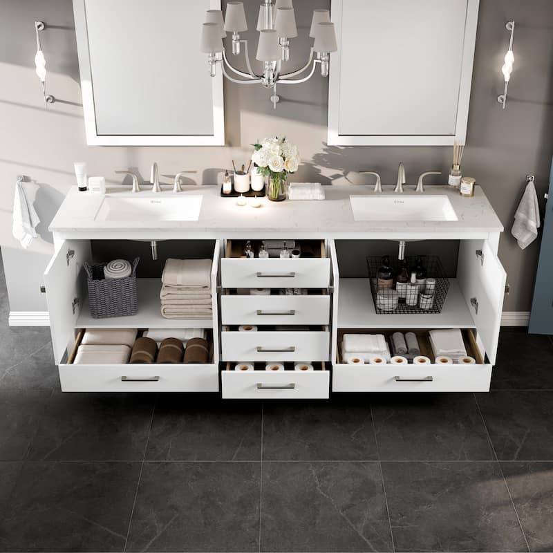 Eviva Aberdeen 84"W x 22"D Double Sink Bathroom Vanity with White Carrara Quartz Countertop and Undermount Porcelain Sinks