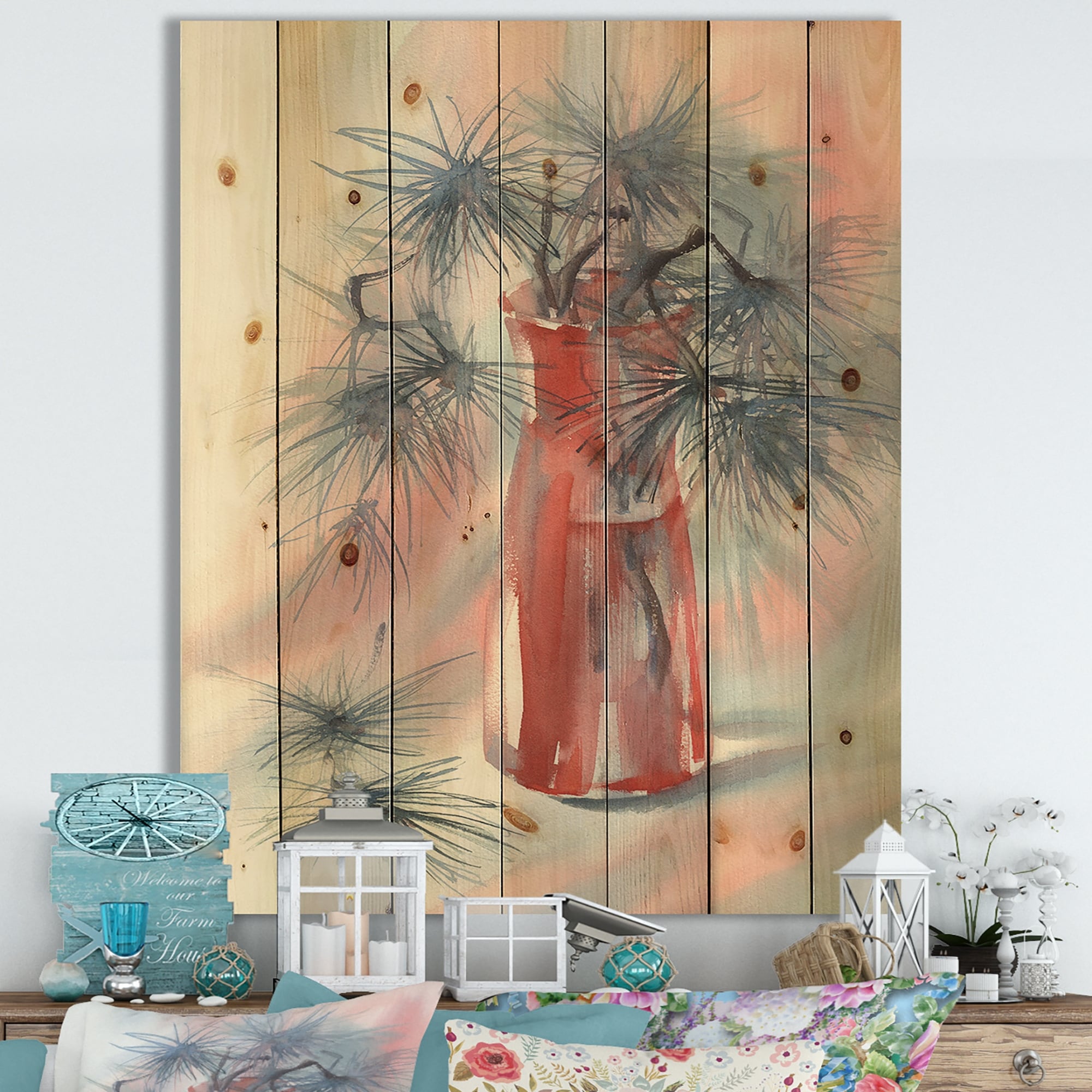Designart 'Pine Tree Branches Red Glass Vase' Farmhouse Print on Natural  Pine Wood Bed Bath  Beyond 32610879