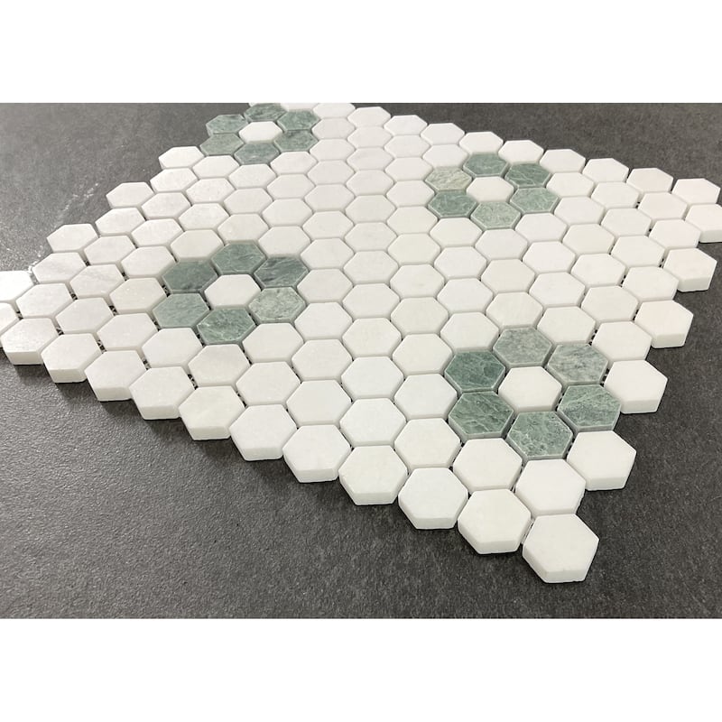 Thassos White and Ming Green 1" x 1" Marble Honeycomb Mosaic - Case (10 Sheets)