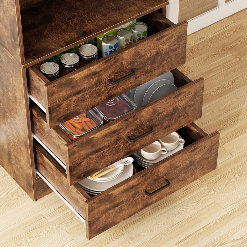Tall Buffet Sideboard with Charging Station, Storage Pantry Organizer with Drawers and Shelves