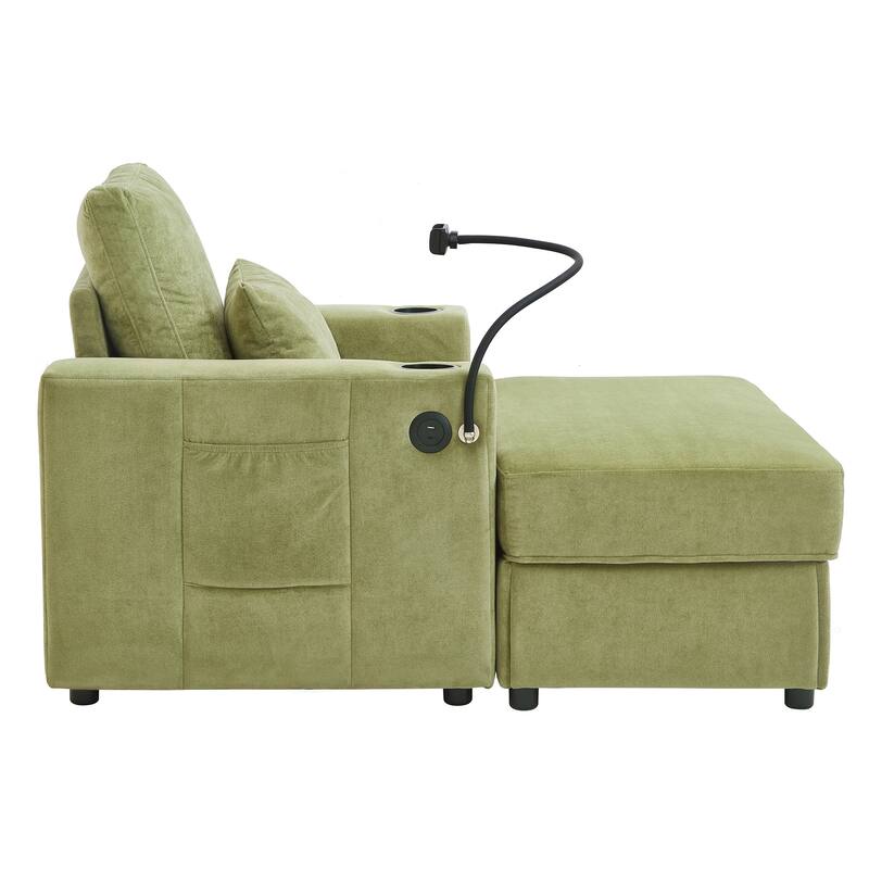 Chenille Modern Chaise Lounge Sofa with Storage Ottoman, USB Ports, Cup Holders and Side Pockets