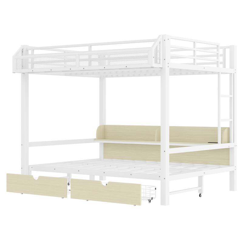 Queen over Queen Bunk Bed with Storage Shelves and Drawers,Multifunctional Metal Bunk Beds with USB Ports