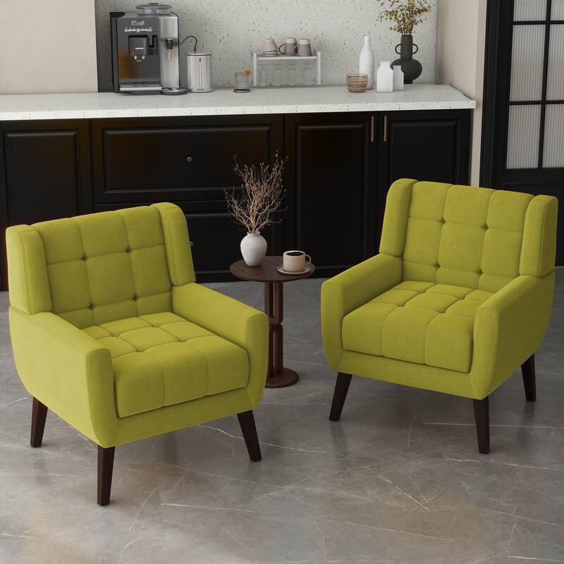 Set of 2 Tufted Upholstered Accent Armchair - Green-Linen