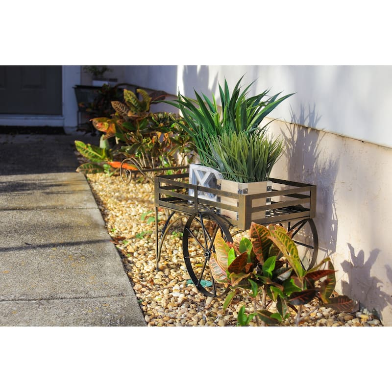 Zeckos 26 Inch Brown Metal Wagon Cart Plant Stand Indoor/ Outdoor - 14.75 X 25.5 X 14.25 inches