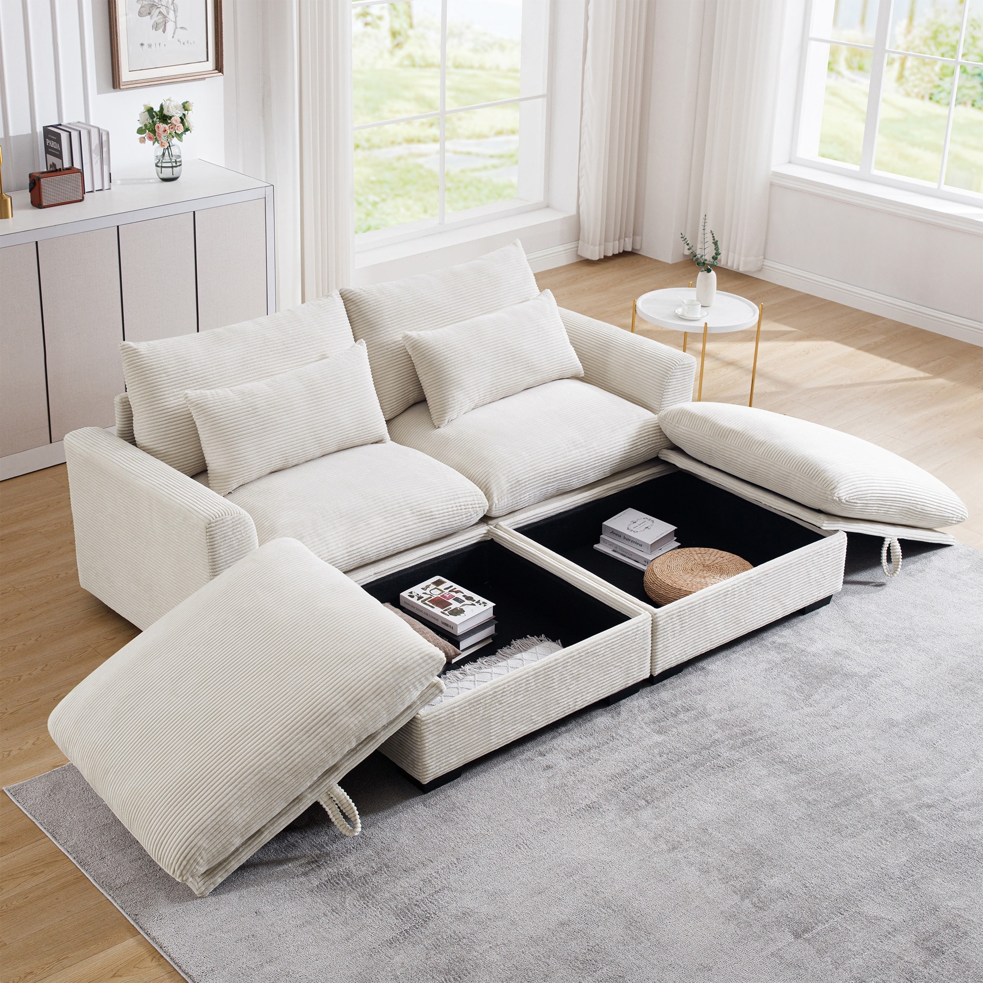 Corduroy Loveseat Sofa Couch with Storage Ottomans, Modern Sectional 2 Seater Sofa with Deep Seat, Pillows for Small Spaces