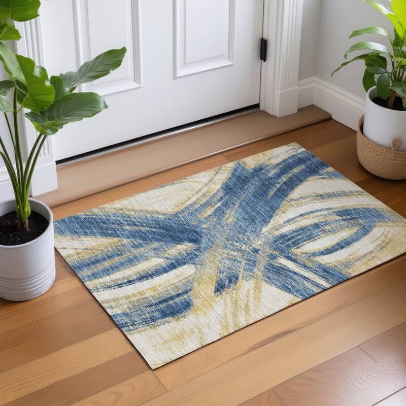 Machine Washable Indoor/ Outdoor Abstract Brushstroke Chantille Rug